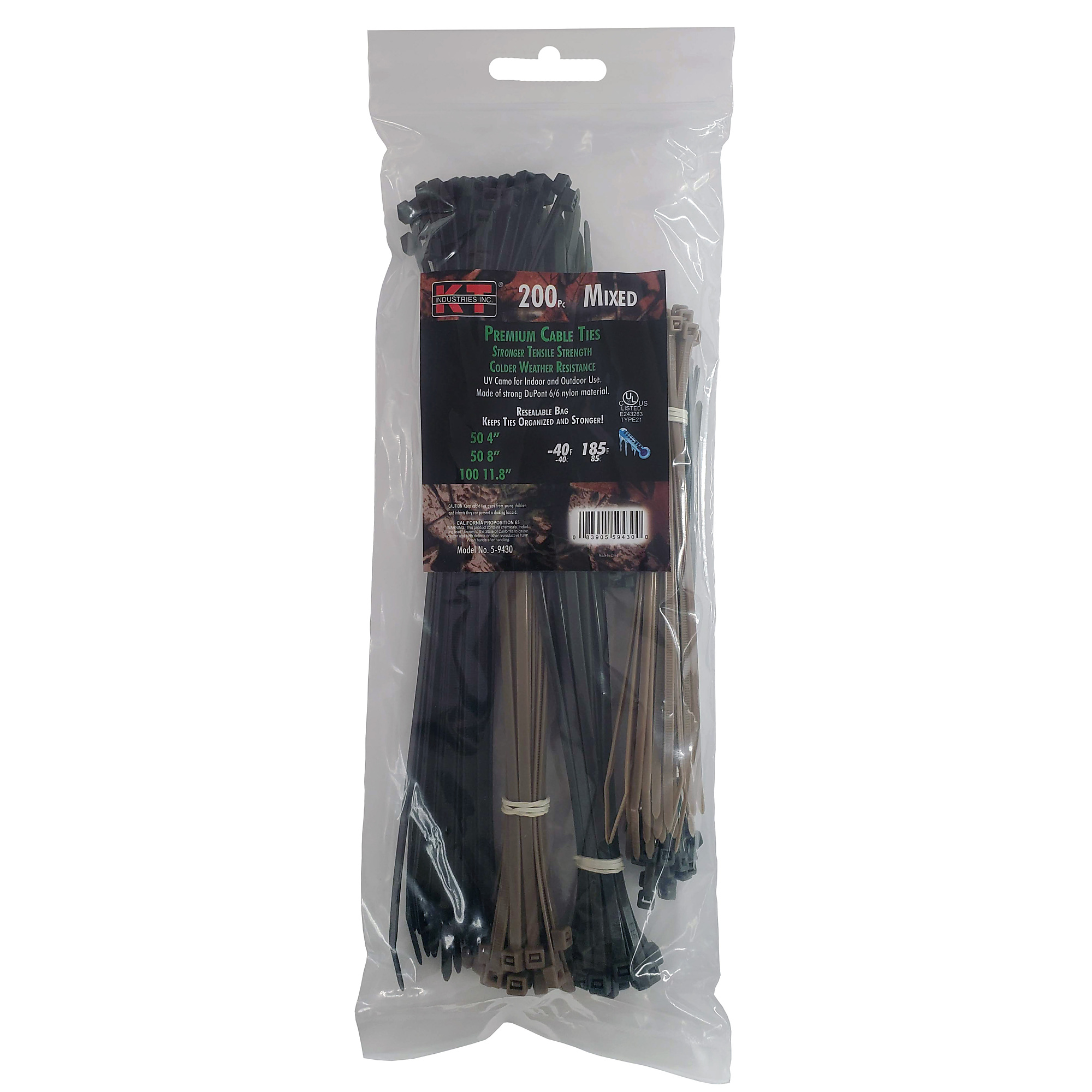 K-T Industries, Camo Tie Assortment, 4,8 And 11.8" 200Pc, Model # 5-9430